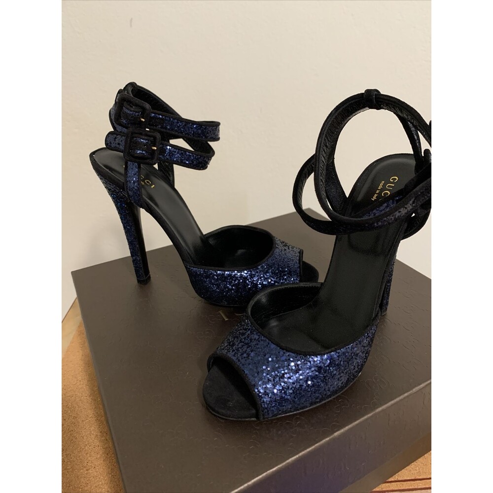New Gucci Blue Sparkling Glitter Suede Ankle Strap Heel Sandal Size 38 - Picture 6 of 8